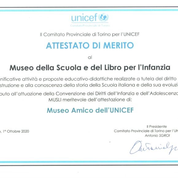 Attestato Unicef L’attestato di merito “Museo Amico dell’UNICEF” al MUSLI